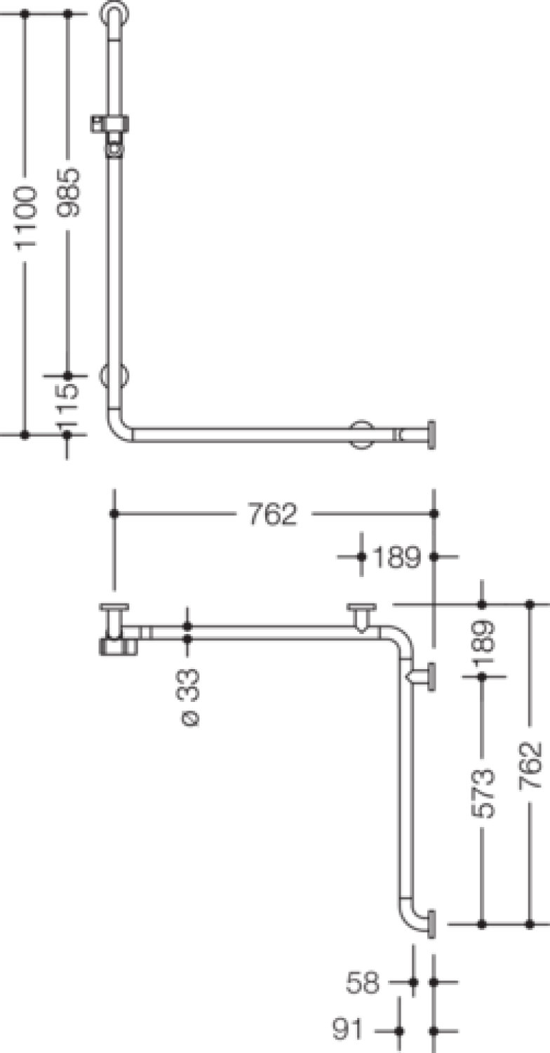 HEWI Dusch-Wannenhdl. m.Br.H.St., AM1:1100, W1/2:762, Alu.-Kern signalweiß