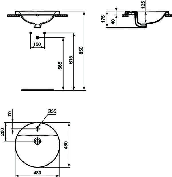 IS Einbauwaschtisch Connect, rund, 1Hl., m.Ül., 480x480x175mm, Weiß