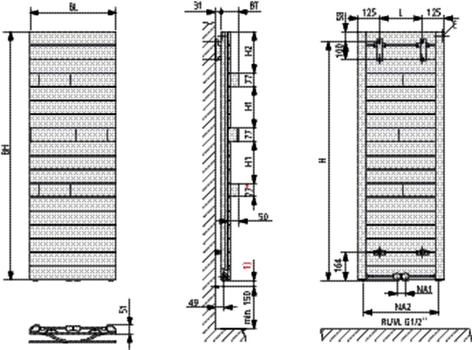 Kermi Tabeo BH1757x101x500mm QN917, circonsilber