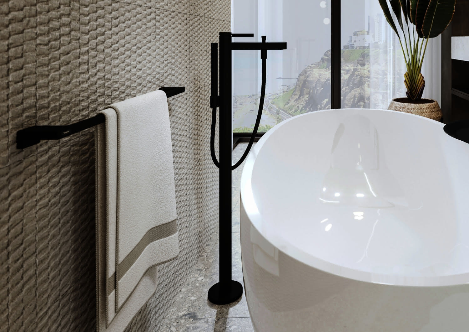Hansgrohe Wannenmischer Finoris Fertigset zur Bodenmontage mattschwarz
