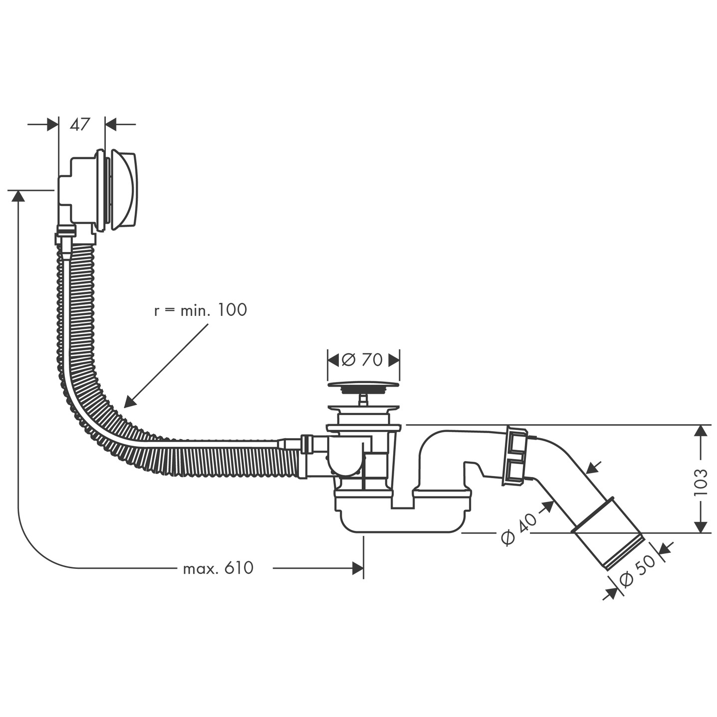 Hansgrohe Ab-u.Überlaufgarnitur Flexaplus  Komplettset chrom flex.Überlaufschlauch