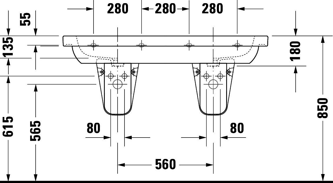DU Möbel-Doppelwaschtisch D-Code 1200 mm mit ÜL, mit HLB, 1 HL pro Becken, weiß