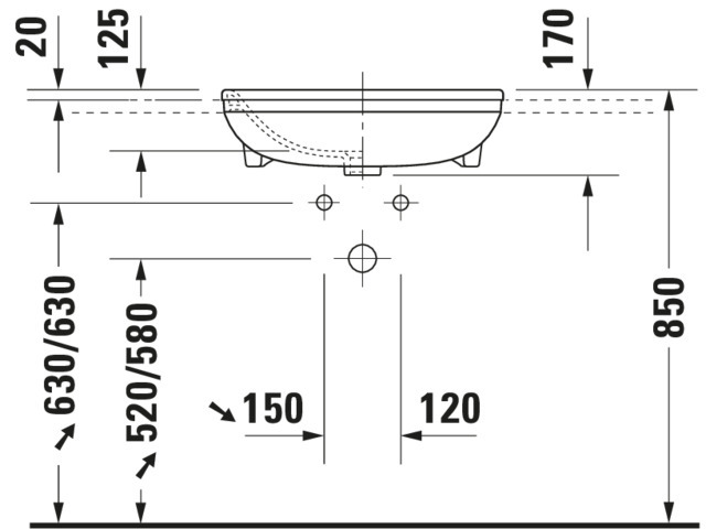 DU Halbeinbauwaschtisch DuraStyle 550 mm mit ÜL, mit HLB, 1 HL, weiß