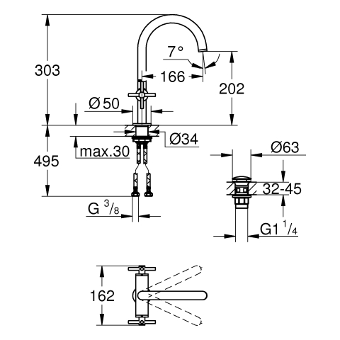 GROHE WT-Einlochbatterie Atrio 21144 DN15 L-Size Kreuz-Griff cool sunrise geb