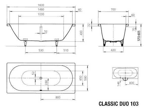 KA BW CLASSIC DUO Mod.103,1600x700mm, schwarz matt 100