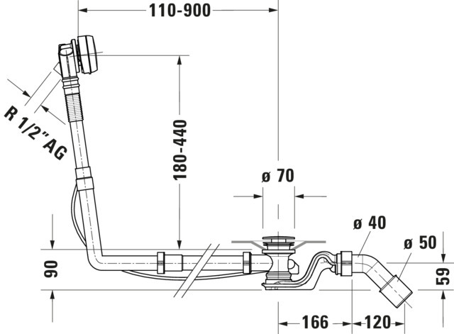 DU Ab- und Überlaufgarnitur Quadroval Drehgriff,Einl.,Flexs.,BZL 1100mm,chrom