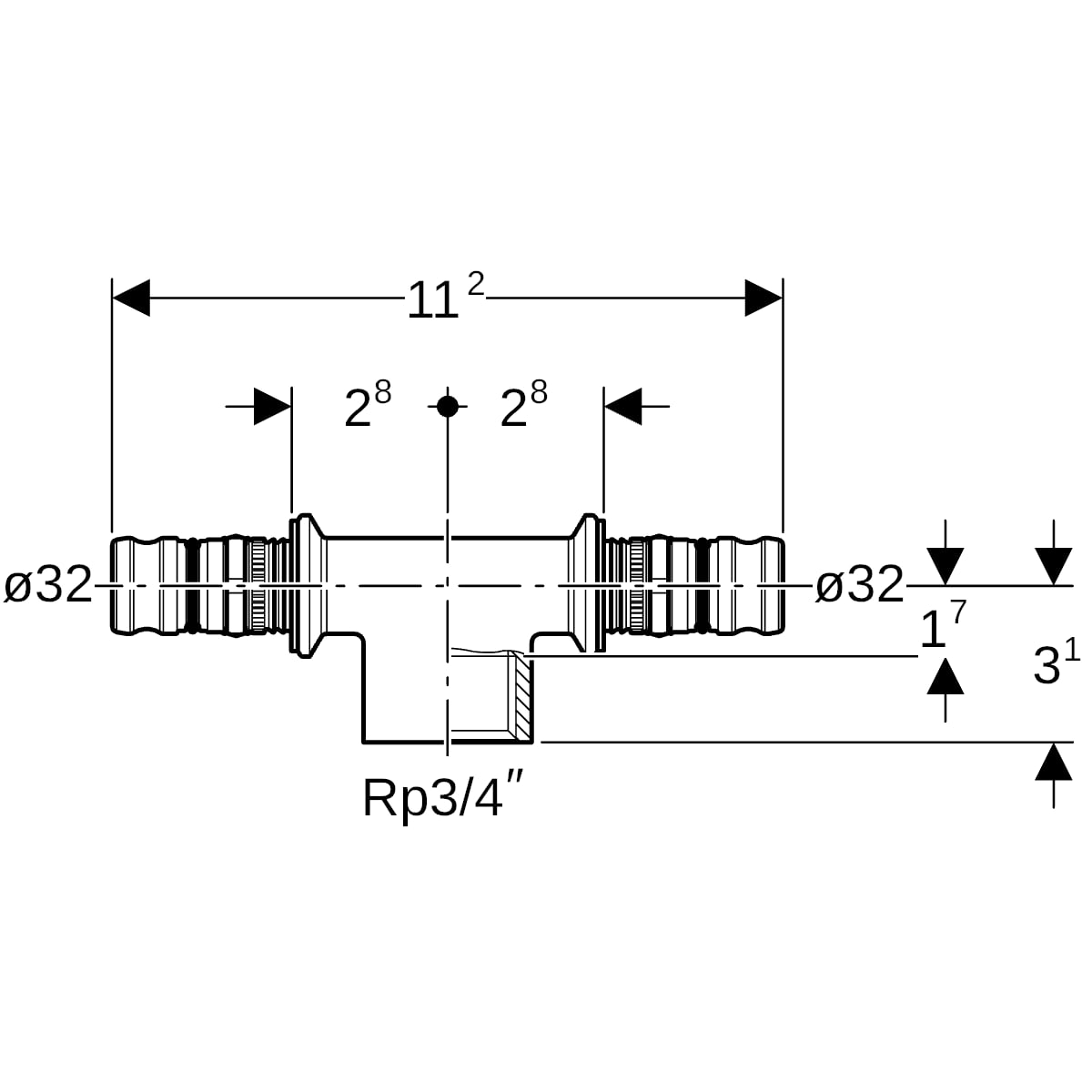 Geberit Mepla T-Stück mit IG Rg d32-Rp3/4-32