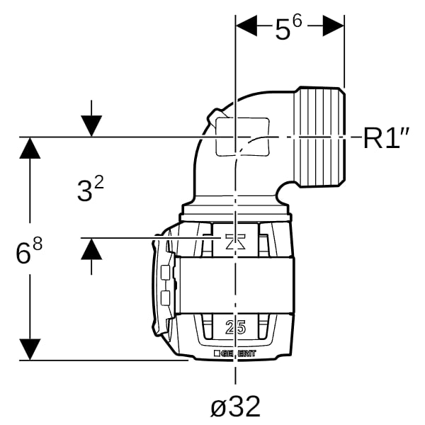 Geberit FlowFit Übergangsbogen 90Gr mit AG RG, d32-R1, lang