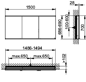 KEUCO Royal Modular 2.0 SPS, bel. 80031, Einb,2Steckd,sb-elox,1500x700x120mm