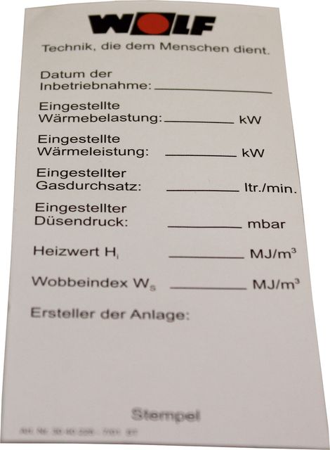 Wolf Aufkleber Einstellwerte für NG/GU/GG