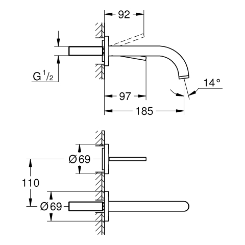 GROHE 2-L-WT-Wandbatterie Atrio 29410 FMS Ausladung 185mm warm sunset geb.