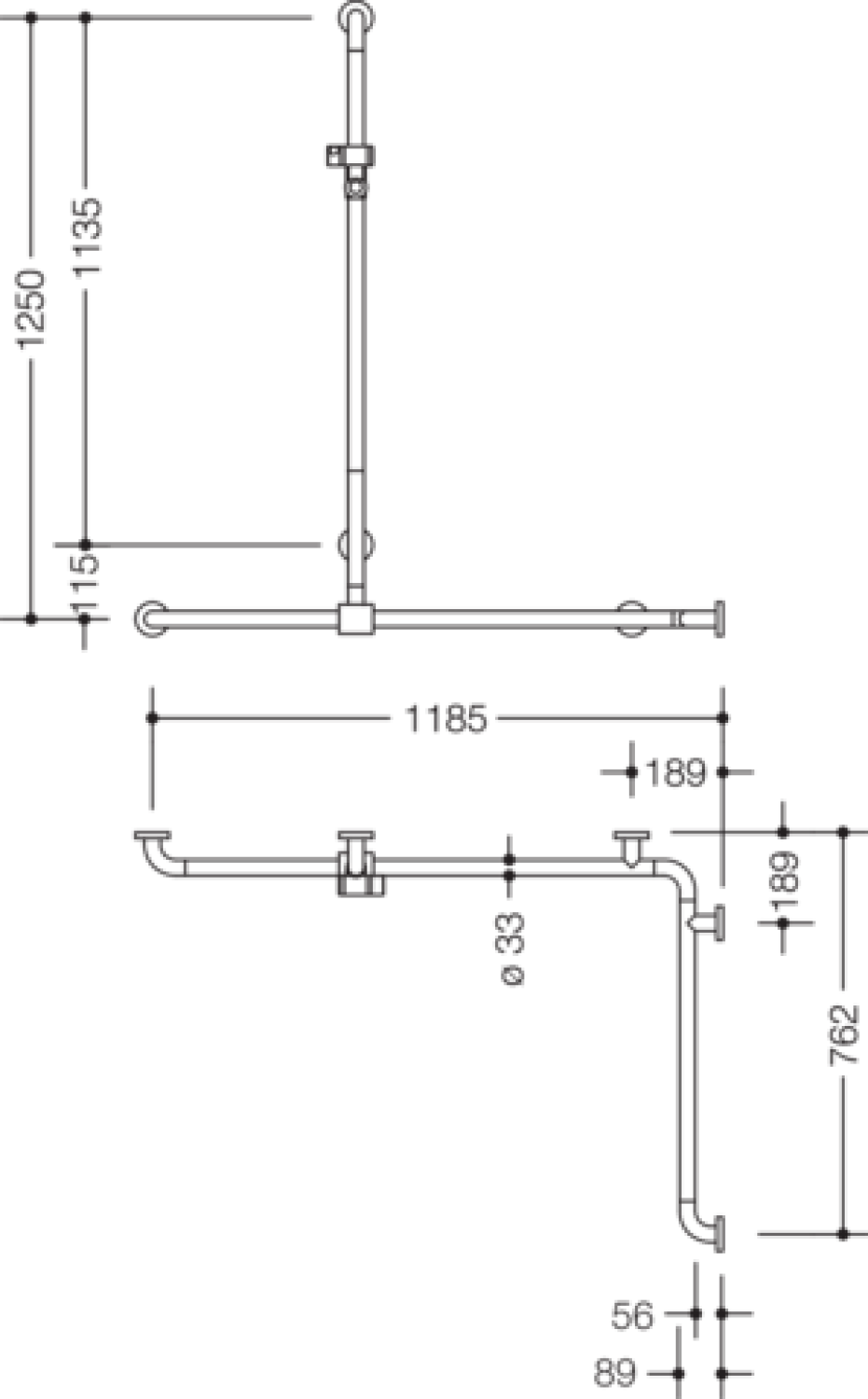 HEWI Dusch-Wannenhdl. m.Br.H.St., AM1:1250, W1:1185, W2:762 signalweiß