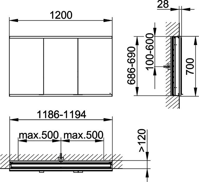 KEUCO Royal Modular 2.0 SPS, bel. 80031, Einb,1Steckd/USB,sb-elox,1200x700x120mm