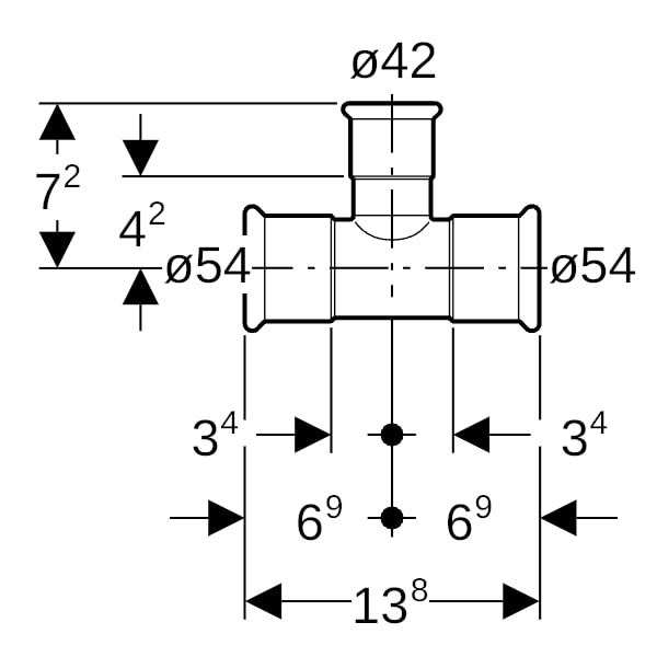 Geberit Mapress Kupfer T-Stück reduziert (Gas) d54-42-54
