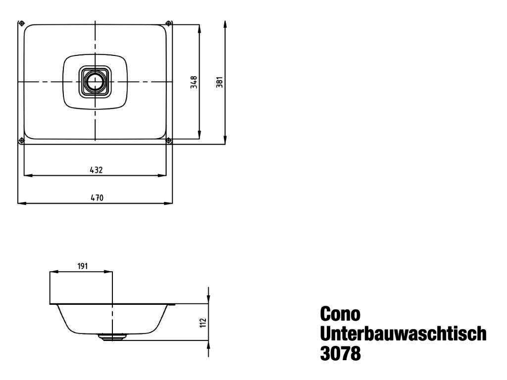 KA WB CONO UNTERBAUWASCHTISCH Mod.3078, 470x381mm,schwarz matt 100,PEFF,AD,oÜL