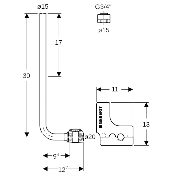 Geberit FlowFit Metallrohr-Anschlussbogen 90Gr SiBr/Cu d20-d15 L30