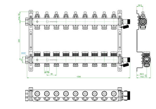 OVENTROP-Multidis SFQ Edelstahlverteiler mit Durchflussindikator 9 Kreise