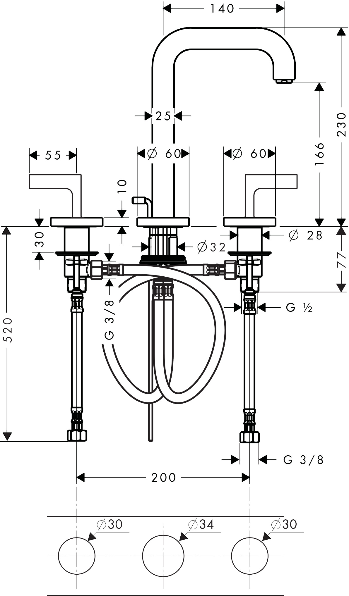 Hansgrohe 3-Loch Waschtischarmatur Axor Citterio BBR mit Hebelgriffen