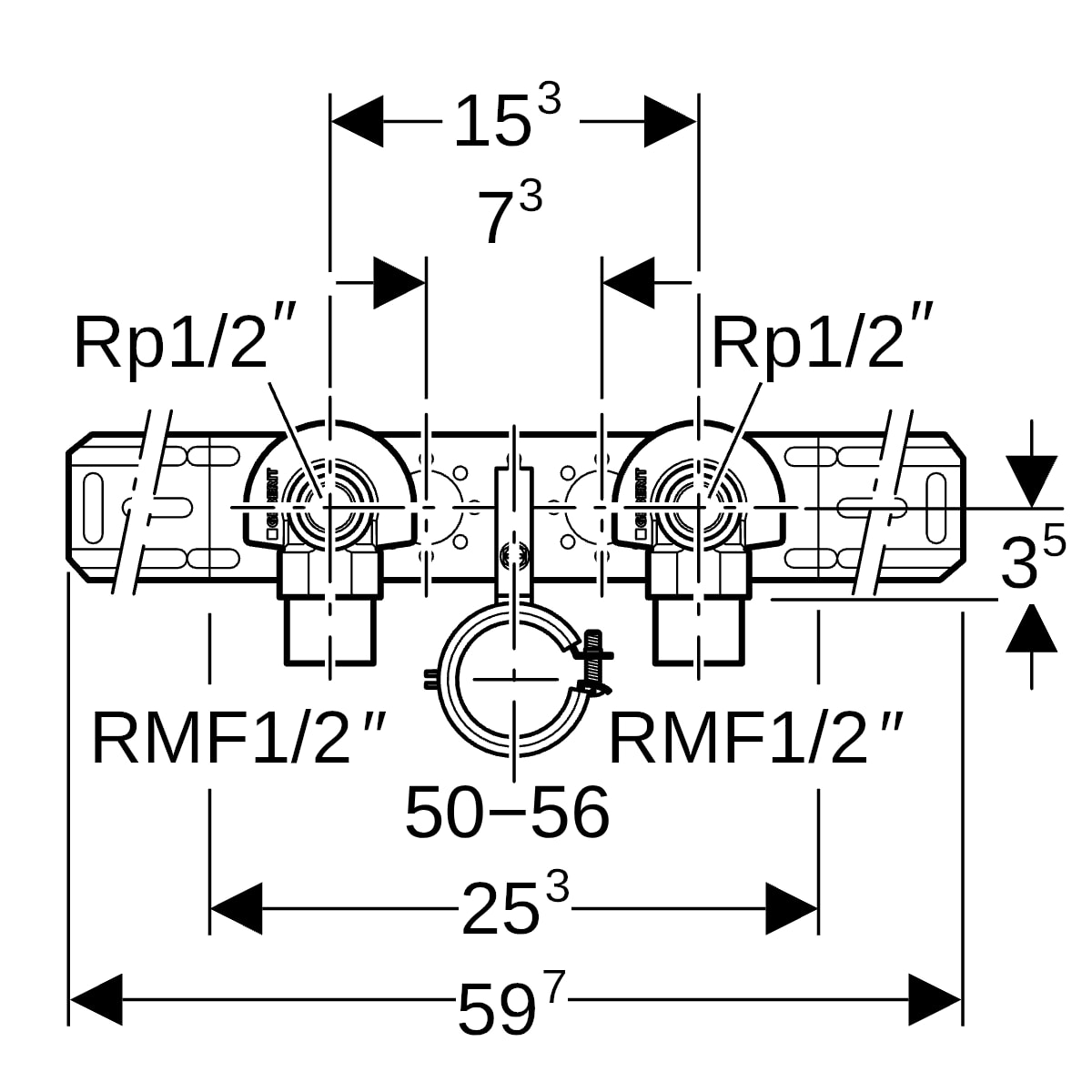Geberit Anschlusswinkel 90Gr mit AG MF, AblRS vormont. 2fach, Rg R1/2-Rp1/2 L:52mm