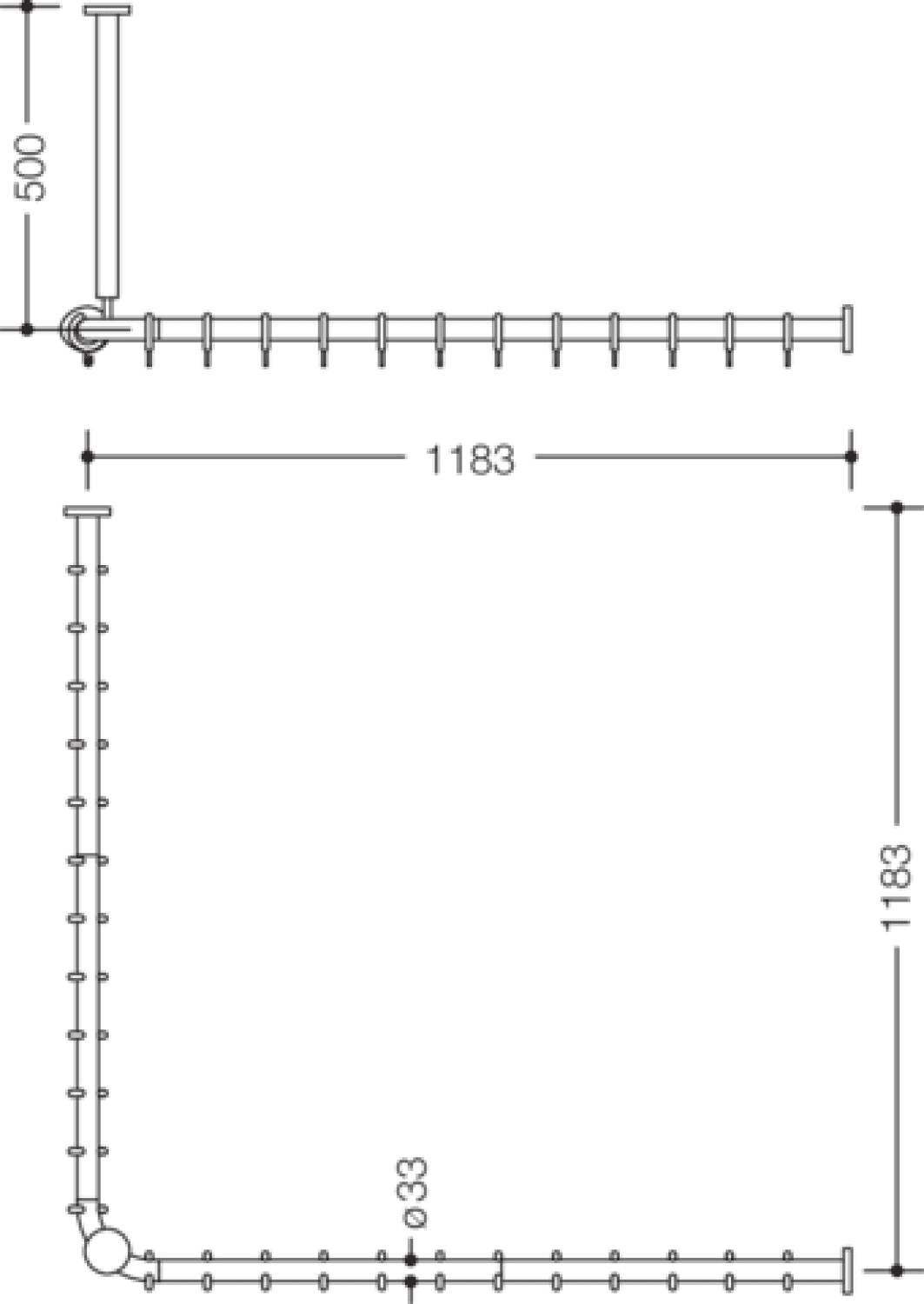 HEWI VH-Stange Ser 801,A1/2:1183,kürzb, 24 Ringe, Deckenabh. A:500 reinweiß
