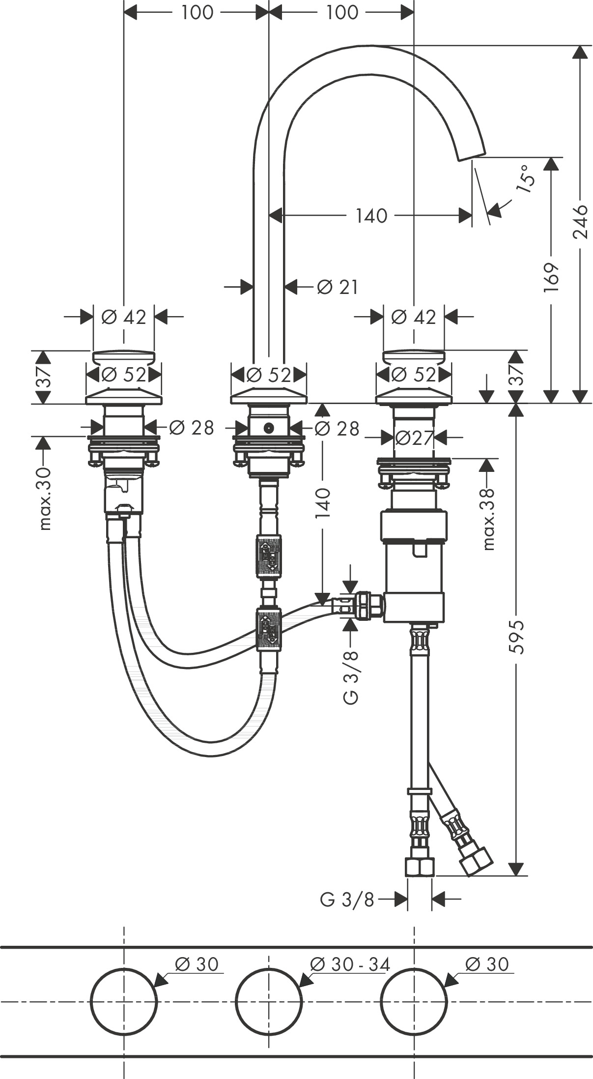 Hansgrohe 3-Loch Waschtischarmatur Select 170 Axor One m.Push-Open Ablaufgarnitur chr.
