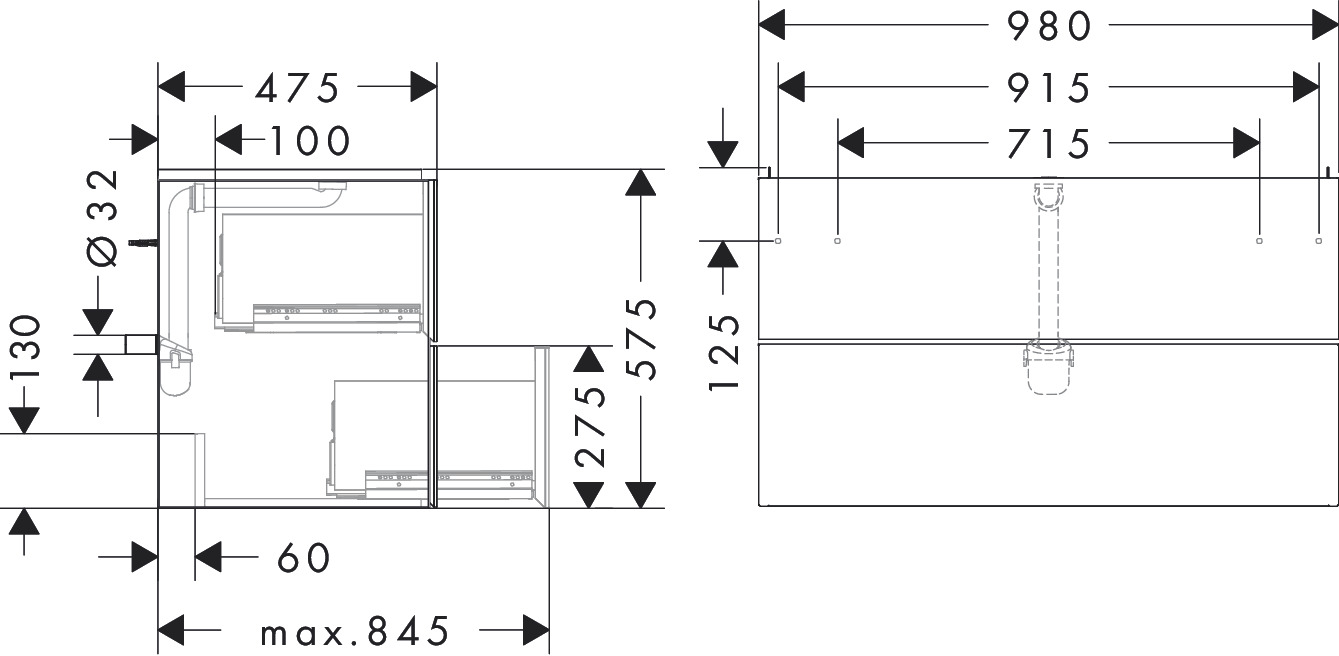 Hansgrohe Waschtischunterschrank Xevolos E MW 980/475mm mit 2 Schubkästen für WT BZs