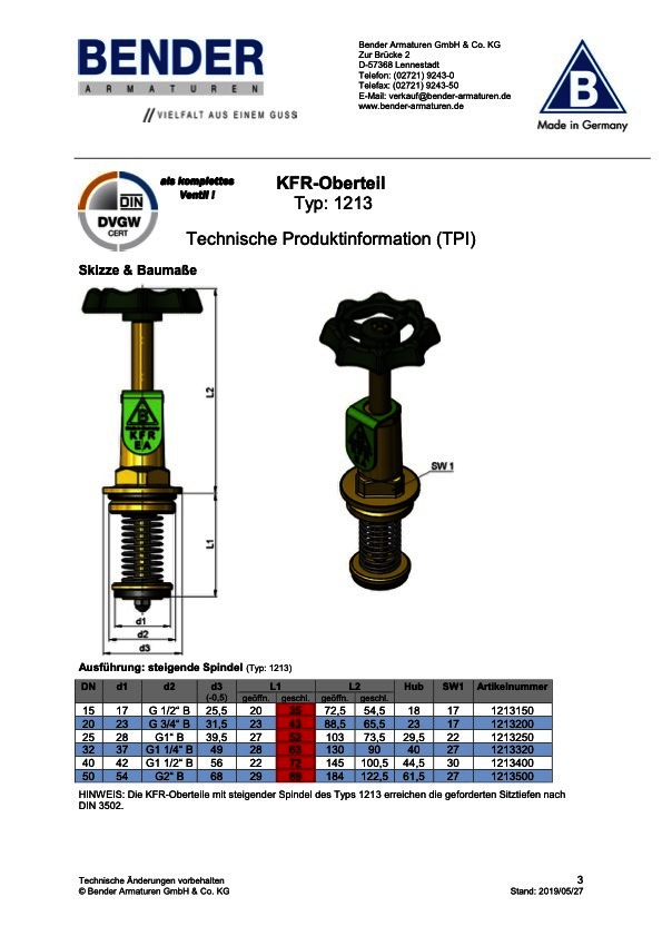BENDER Oberteil KFR stgd. Typ 1213 DN 25 für absperrbare Rückflußverhinderer KFR