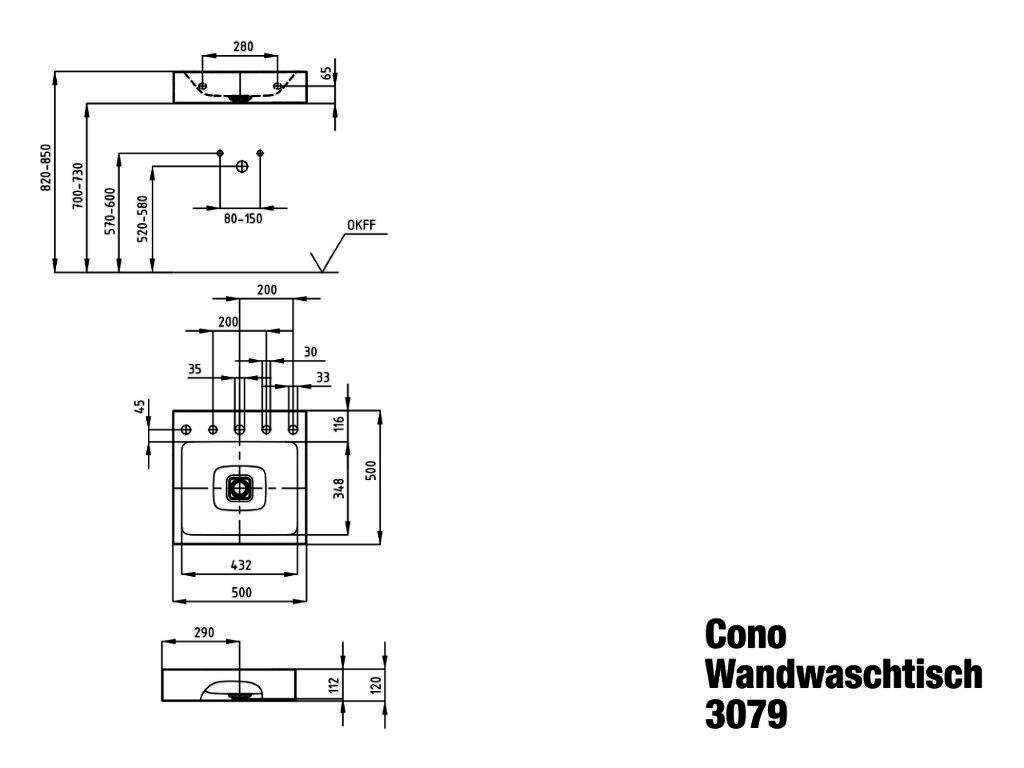 KA WB CONO WANDWASCHTISCH Mod.3079,500x 500mm,sm100,PEFF,AD,m. 1HL,oÜL