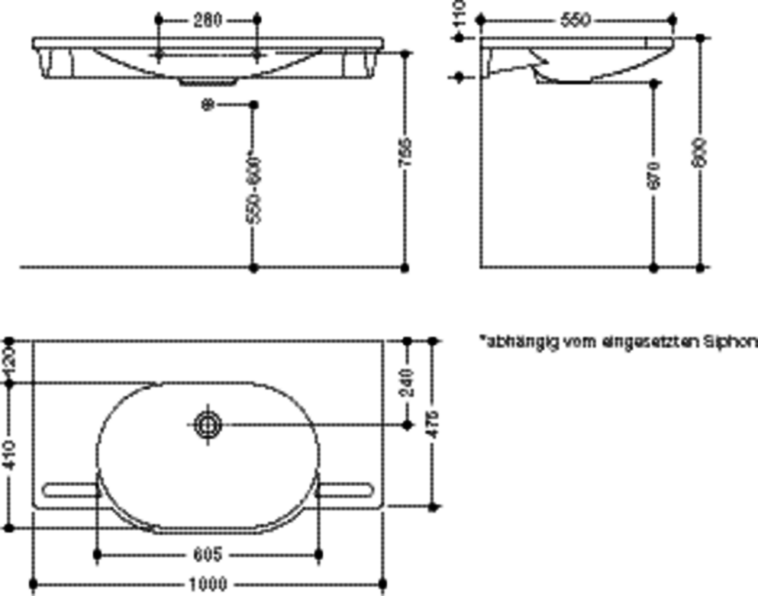 HEWI Waschtisch, B:1000mm, T:550mm, alpinweiß, ohne Überlauf, ohne Hahnloch