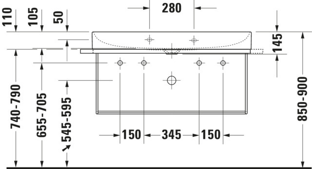 DU Möbel-WT DuraSquare 1000 mm o.ÜL, m.HLB, 2 HL, 1 Becken, weiß