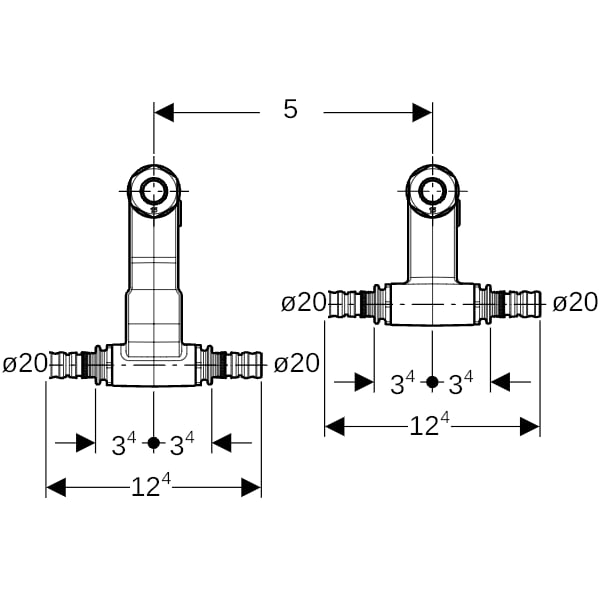 Geberit Mepla Set Anschluss-T-Stück für Vorl./Rückl.m.Anschlussverschr.d20-15-20