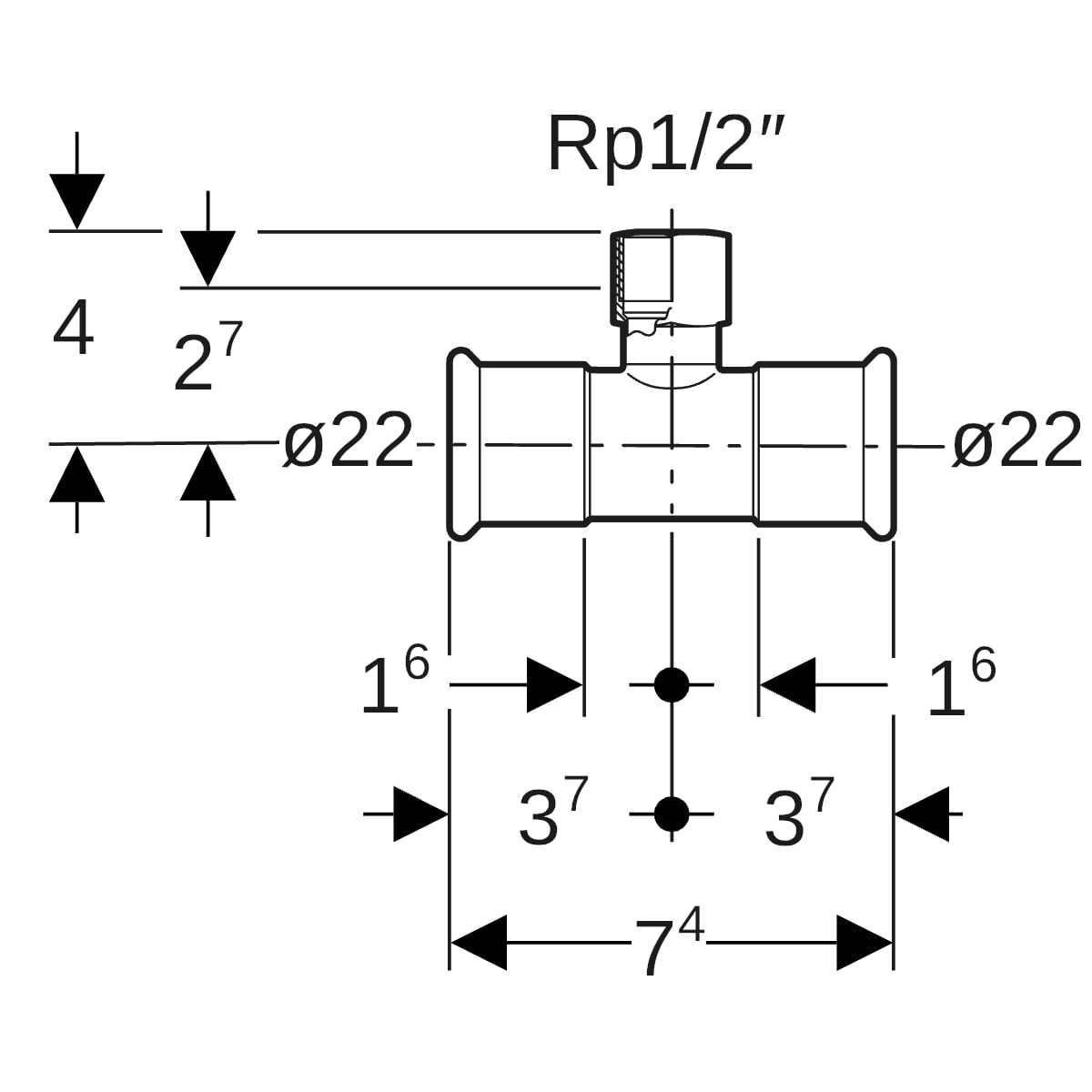 Geberit Mapress C-Stahl T-Stück mit IG d22-Rp1/2-22 verzinkt