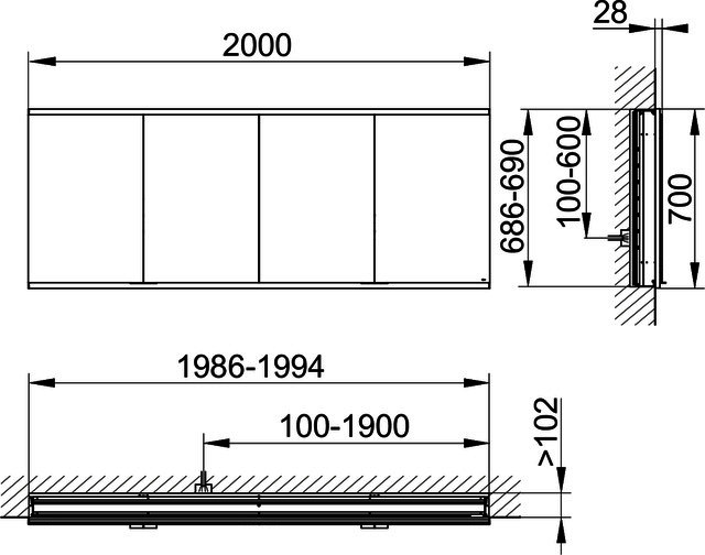 KEUCO Royal Modular 2.0 SPS, bel. 80041, Einb,4Steckd,sb-elox,2000x700x120mm