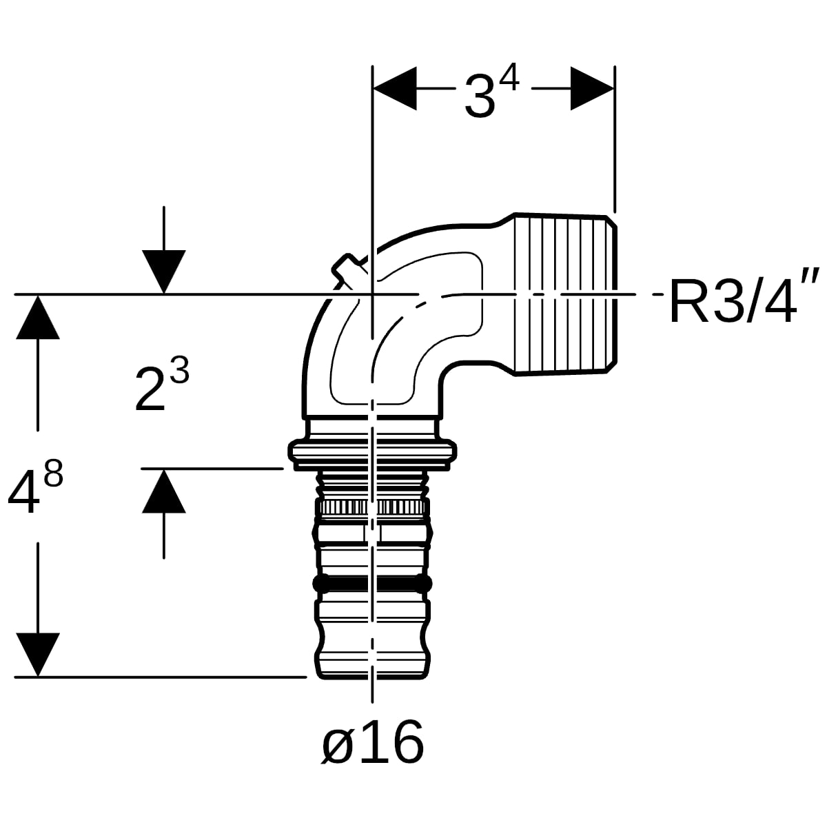 Geberit Mepla Übergangsbogen 90Gr mit AG d16-R3/4"
