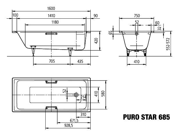 KA BW PURO STAR Mod.685,1600x700mm, alpinweiß,mit Vollantislip