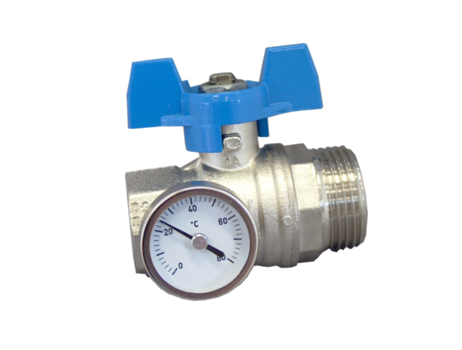 OVENTROP-Kugelhahn, blauer Griff m.Thermometer,3/4"IG x 1"AG, flachdicht.
