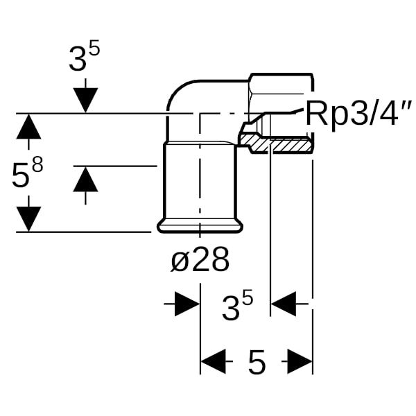 Geberit Mapress C-Stahl Übergangswinkel 90Gr mit IG d28-Rp3/4 verzinkt