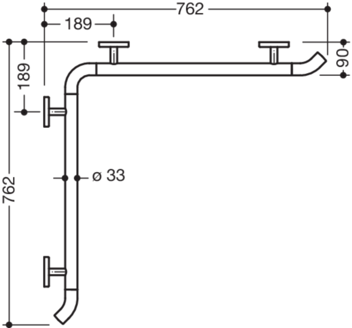 HEWI Dusch-Wannenhdl.,W1:762mm,W2:762mm, d:33mm, Kst., chromoptisch beschichtet