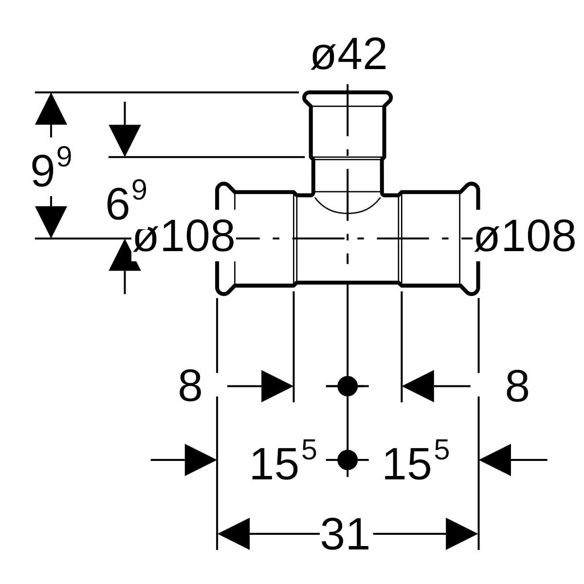 Geberit Mapress Edelstahl T-Stück reduziert (Gas) d108-42-108