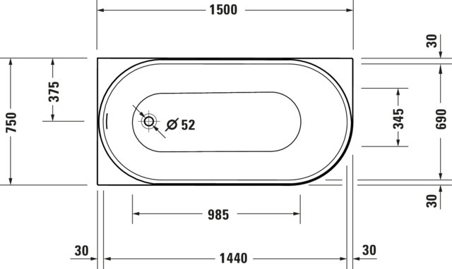 DU DuraSenja BW Ecke links,Weiß,Acryl 1500x750x585 mm, Oval,RS 2,incl.FG u.AÜL