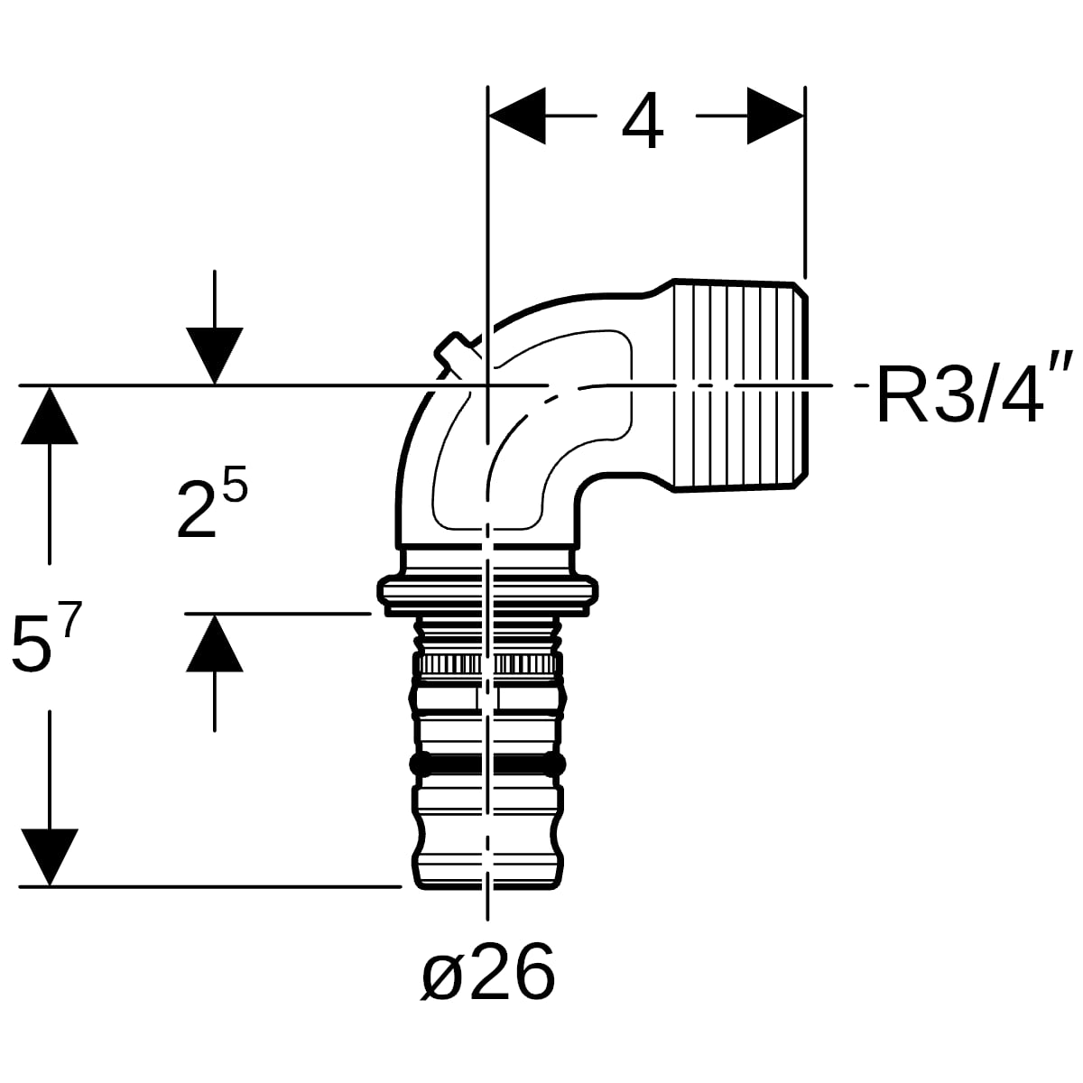 Geberit Mepla Übergangsbogen 90Gr mit AG Rg d26-R3/4