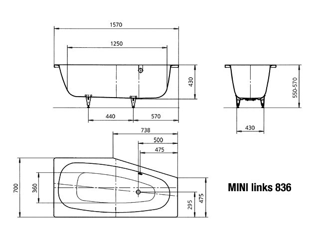 KA BW MINI LINKS Mod.836,1570x700mm, alpinweiß,Perl-Effekt,mit Vollantislip