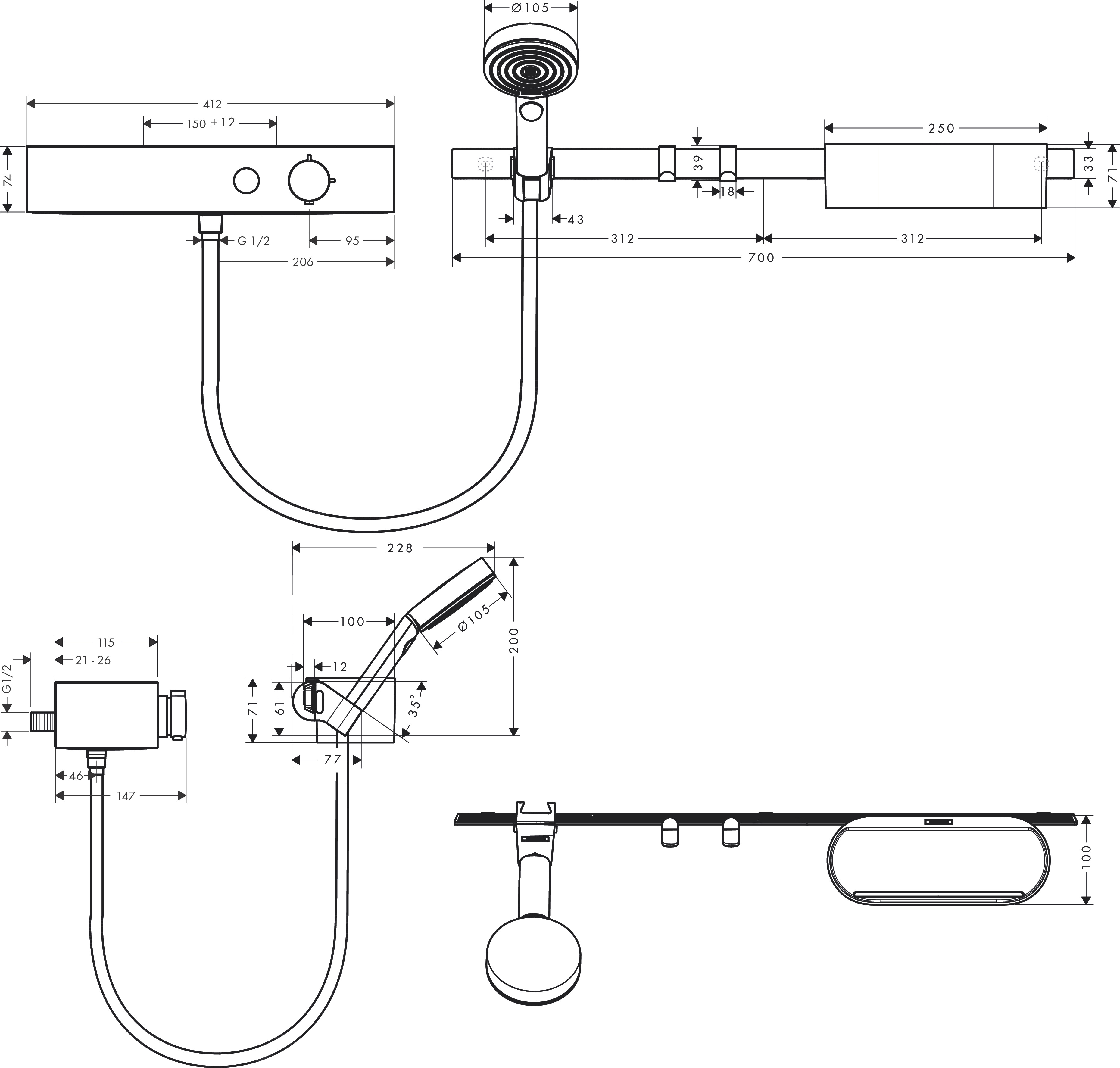 Hansgrohe Bundle WallStoris 105 3jet Brausethermosstat 700 mattschwarz