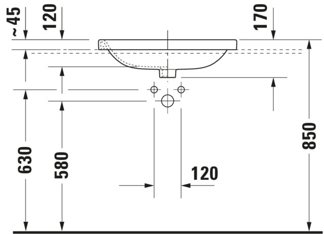 DU Einbauwaschtisch DuraStyle 615 mm EB v.oben, m.ÜL, m.HLB, 1 HL, weiß