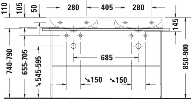 DU Doppel-WT,Möbel-DWT DuraSquare 1200mm o.ÜL, 1 HL je Becken, weiß