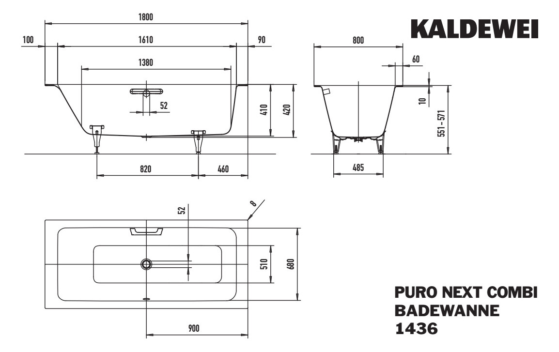 KA BW PURO NEXT COMBI Mod.1436,1800x800 mm,alpinweiß,Invisible Grip