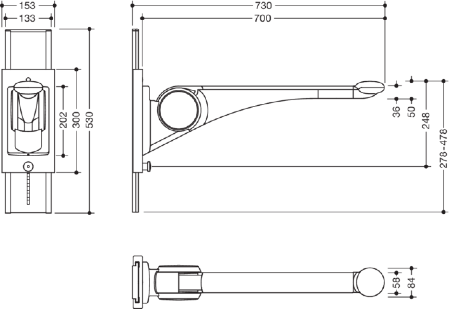 HEWI Stützklappgriff Premium,700 mm mit Höhenverstellung weiß hgl.- weiß mt