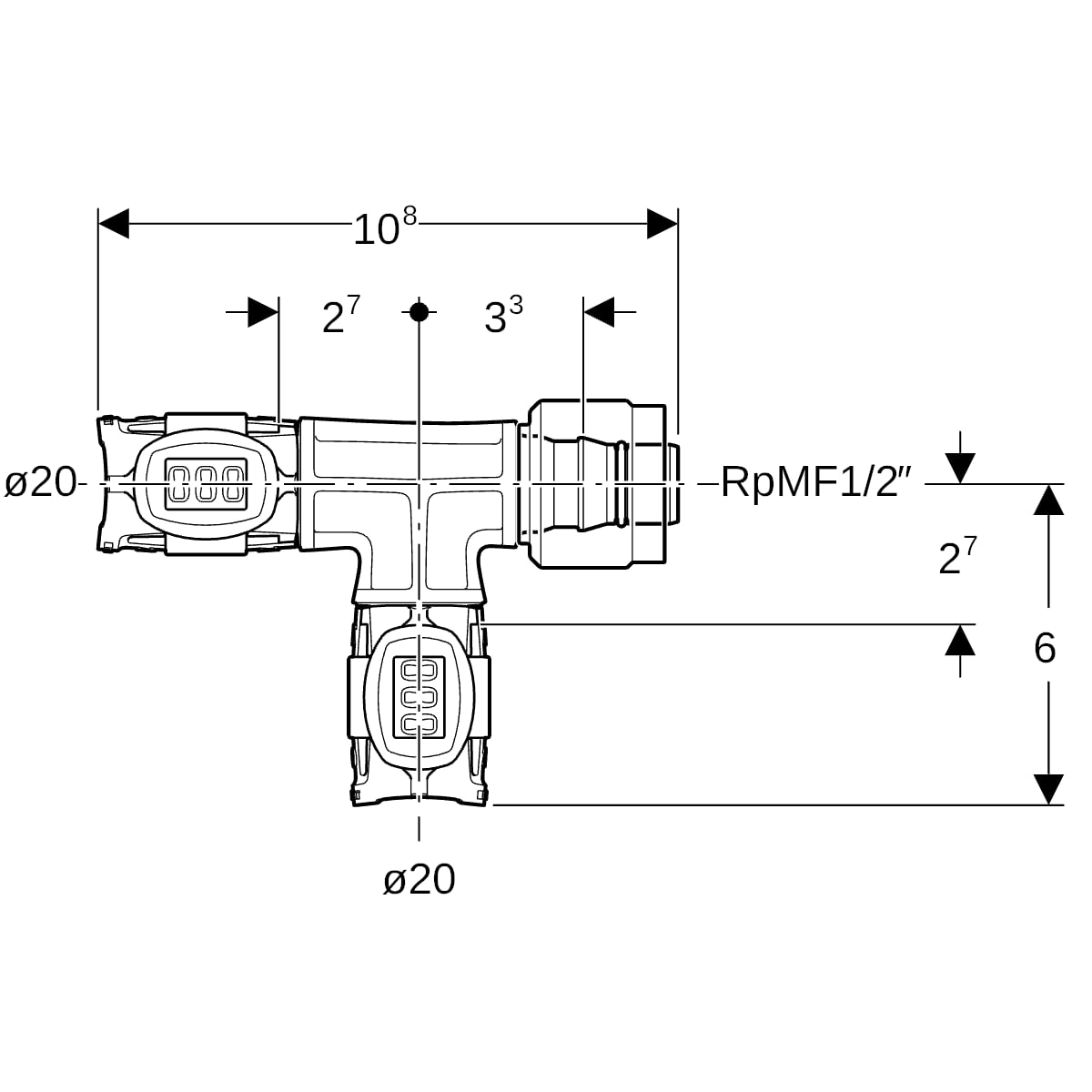 Geberit FlowFit Übergangs-T-Stück mit MasterFix PPSU d20-d20-MF20