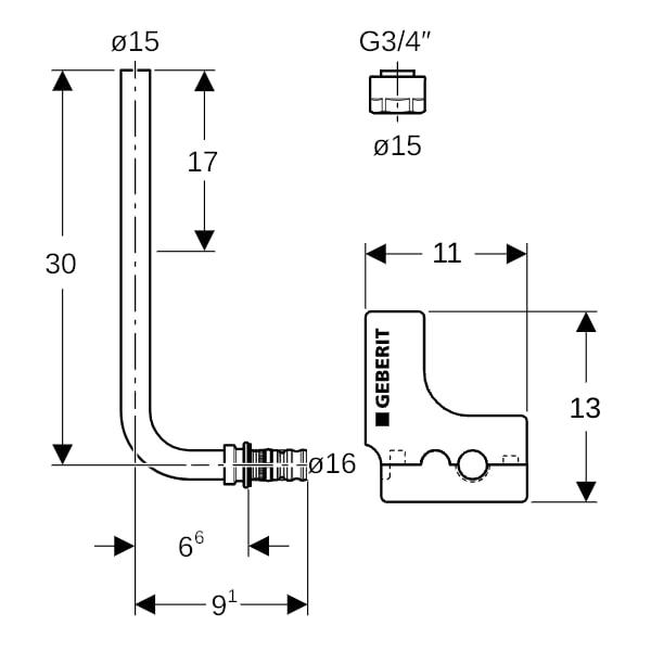 Geberit Mepla Metallrohr-Anschlussbogen 90Gr mit Anschlussverschraubung d16-15-L30