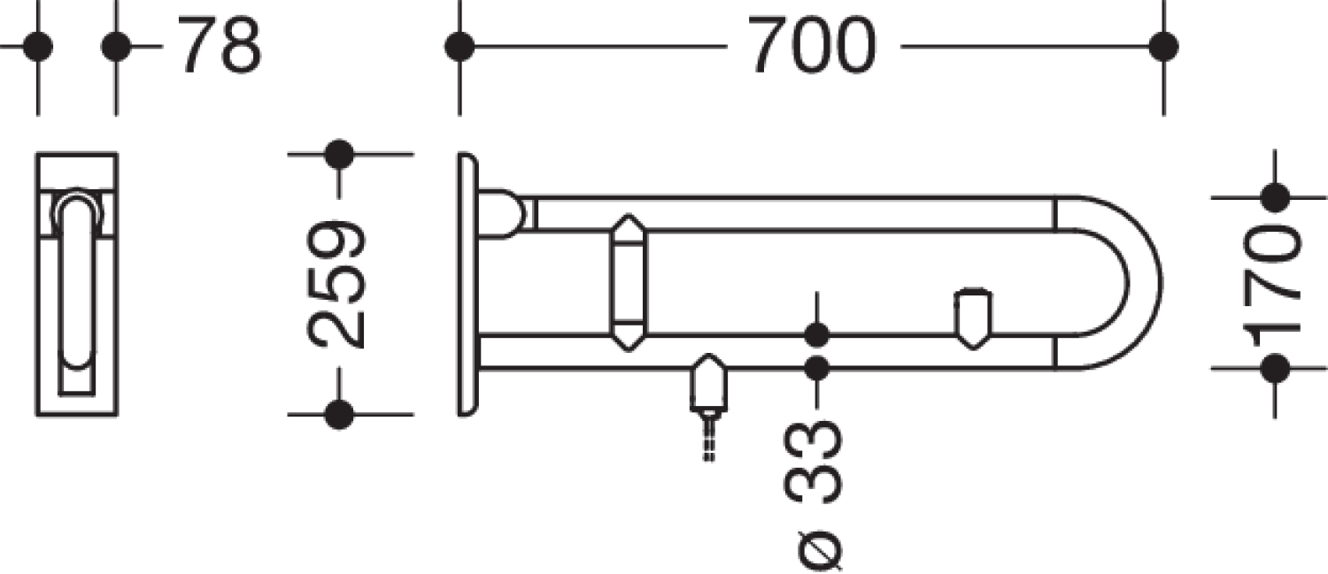 HEWI Stützklappgriff drehb. Ser 801, WC-Spülung, L:700mm signalweiß